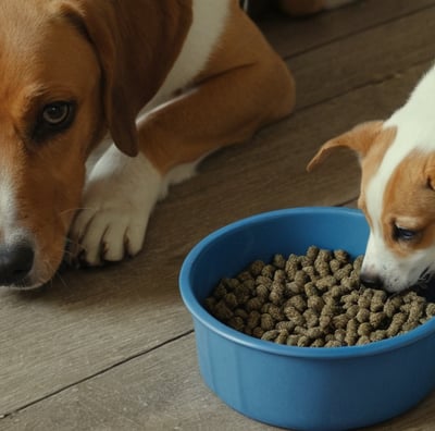 two dogs are eating BSF larvae of a blue bowl