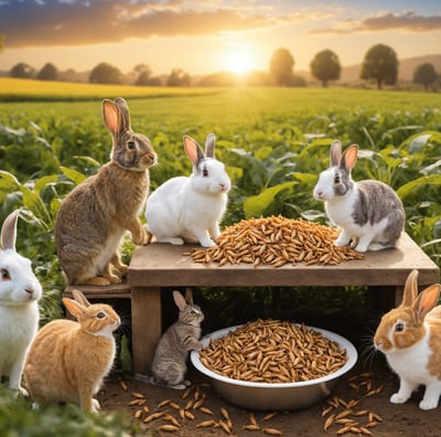 a group of rabbits in a field with a bowl of BSF larvae