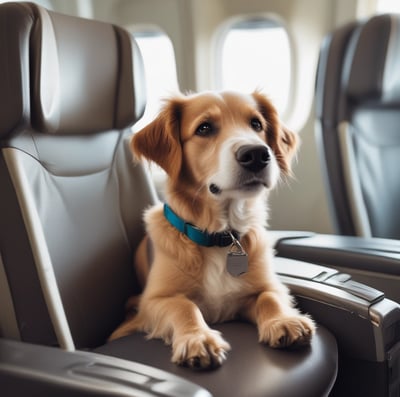 A small dog with tan and black fur is seated in a pet carrier on the back seat of a car. The interior of the car has patterned seat coverings, and the dog is wearing a blue harness. The carrier is decorated with white paw prints. Outside, part of a green building and a parked car are visible through the window.