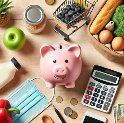 Hand inserting a coin into a piggy bank with a shopping list.