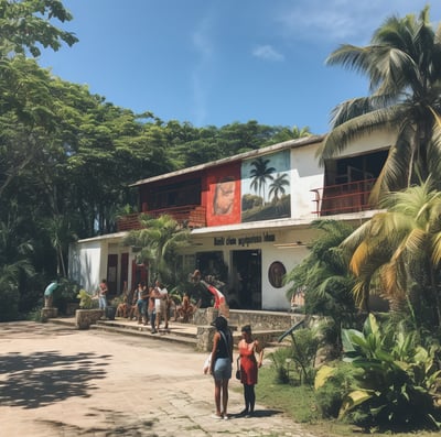 people in front of a building surrounded with trees