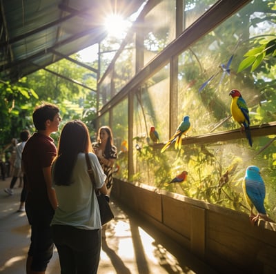 a group of people standing around a bird in a cage