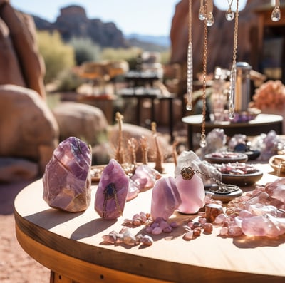 a table with a lot of crystals and other items