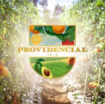 frutas y vegatles de fondo, en el centro el logo de providencial.