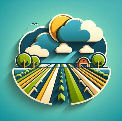 un paisaje con sol y nubes predominando colores azul y verde