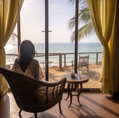 a woman sitting in a chair looking out the window