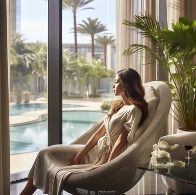 a woman sitting in a chair in a room with a pool and a pool