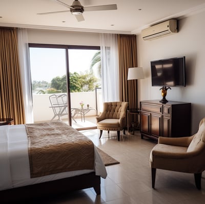 a bedroom with a bed, chair, and television