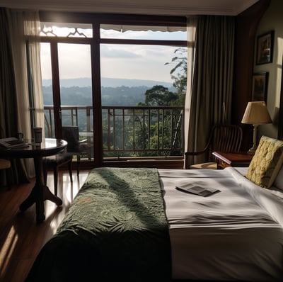 a bedroom with a balcony overlooking the mountains