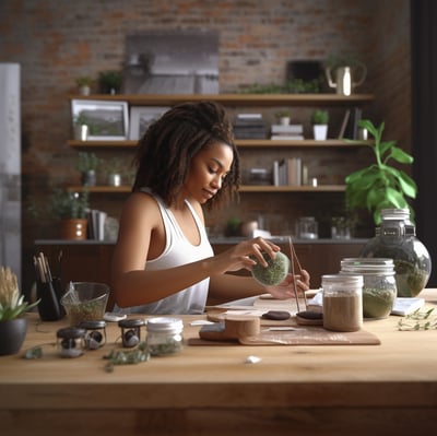 a woman in a white tank top  holistic natural and a bowl of food