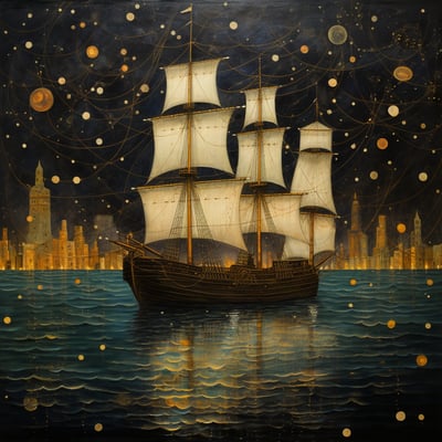 digital oil painting of an old ship sailing under round stars at the edge of a port city