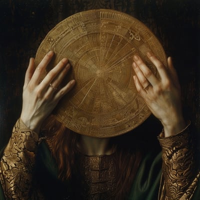 Digital painting of a bronze disc held by a woman's two hands.