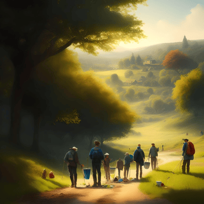 a group of people walking down a path looking after the environment