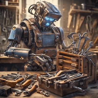 An Artificial Intelligence Robot building in his workshop with his trusted toolbox of AI tools