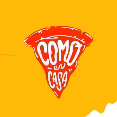 logotipo rojo y naranja con un trozo de pizza como imagologo