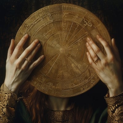 Digital painting of a bronze disc held by a woman's two hands.