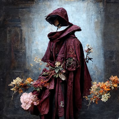 digital oil painting of a cloaked figure with no physical presence in burgundy tones, with flowers