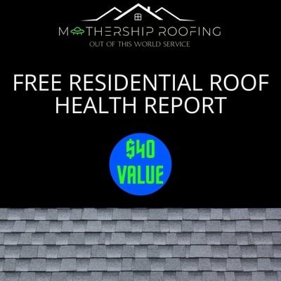 A grey roof against a black background advertising a free roof health report