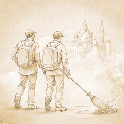 two men with backpacks walking down a street