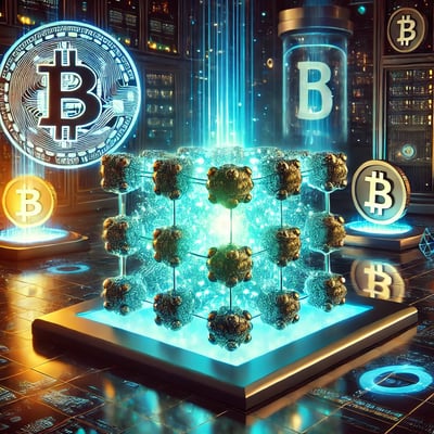 a blockchaik with bitcoin and bitcoin symbols