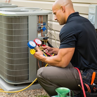 Bald technician checking refrigerant gauges during AC repair in Vista.