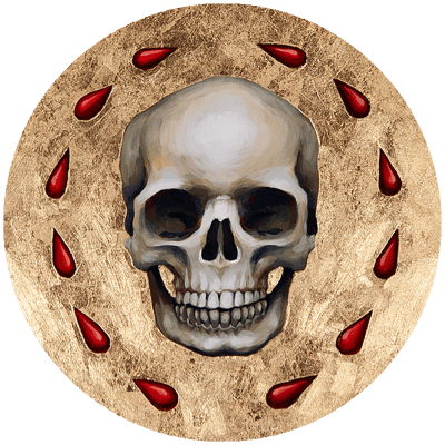 A skull surrounded by twelve drops of blood is painted on a gold leaf background.