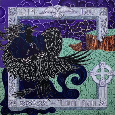 Acrylic painting depicting Morrigan the Celtic Raven 