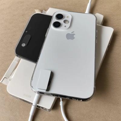 A white smartphone with an Apple logo on its back is placed face down on a wooden surface. The wooden grain texture is visible, and a pencil is lying nearby.