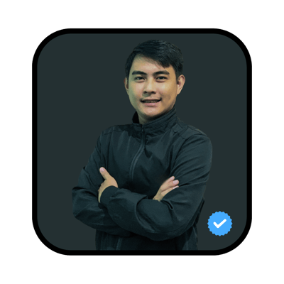 a man in a black jacket and a blue button