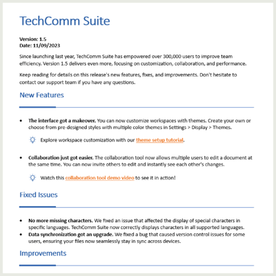 Preview image of Glen Cadorette's Release Notes sample.
