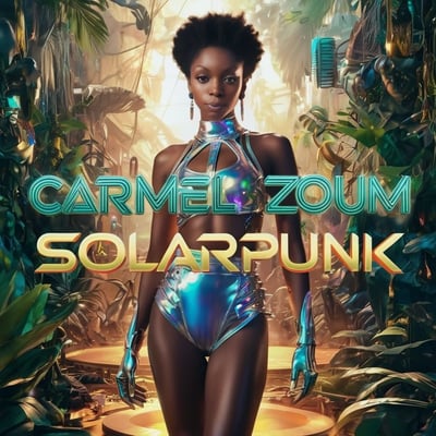 carmel zoum music solarpunk a woman in a bikinisuit with a futuristic bodysuit