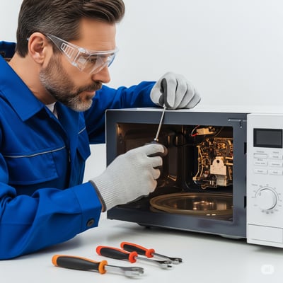 A male technician in a blue uniform, intently uses a screwdriver to repair the microwave