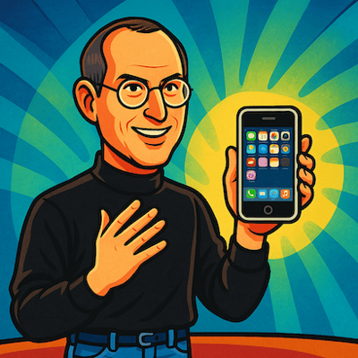 Eine Zeichnung von Steve Jobs, der ein iPhone in der Hand hält