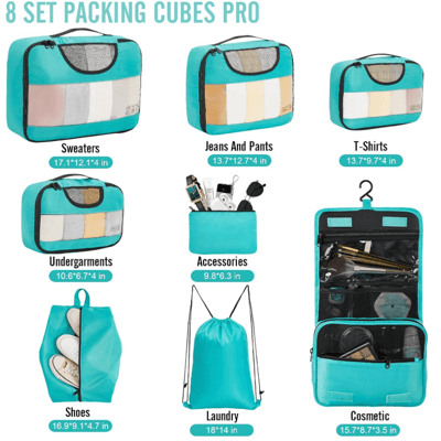 a showcase of cyan veken packing cubes sizes and organization from amazon