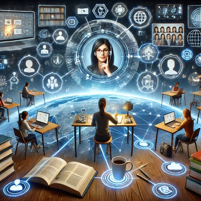 A futuristic online classroom with students learning through holograms and digital screens.