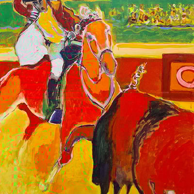 oeuvre d'art animalier- artiste peintre -peinture-corrida - cheval