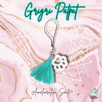 Grigri téléphone en patte de chat blanche avec pompon turquoise