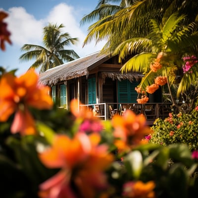 a house with a thatched roof surrounded by trees and flowers