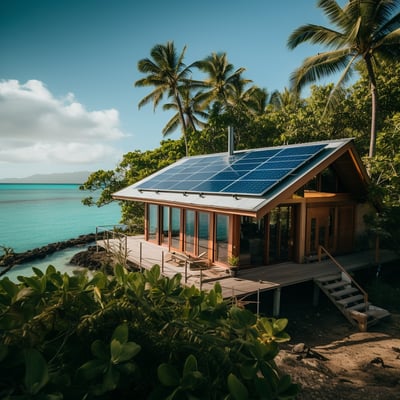 a house with solar panels on the roof and a deck with a deck