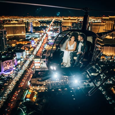 a bride and groom in a helicopter helicopter