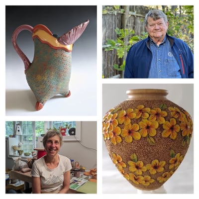 a grouping of artist photos and their work