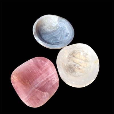Three mineral bowls Agate, Crystal and Rose Quartz