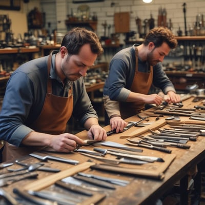 A man is seated while sharpening a tool on a large, spinning grindstone in a workshop. Sparks are flying from the tool being sharpened. The space is filled with various knives and tools displayed on the walls, along with other equipment and workshop items.