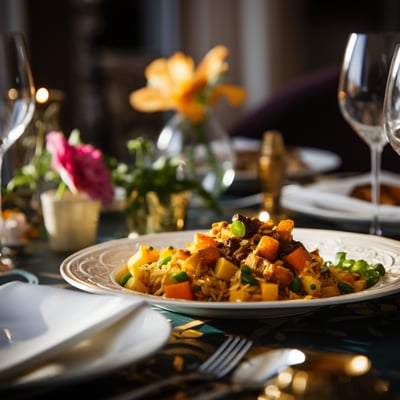 a plate of food on a table with wine glasses and wine glasses