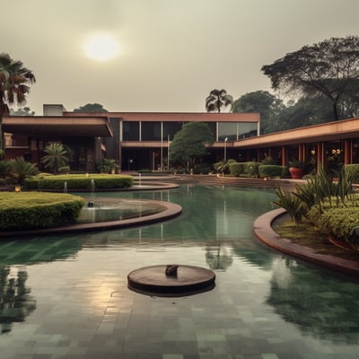 a large pool in the middle of landscaped gardens