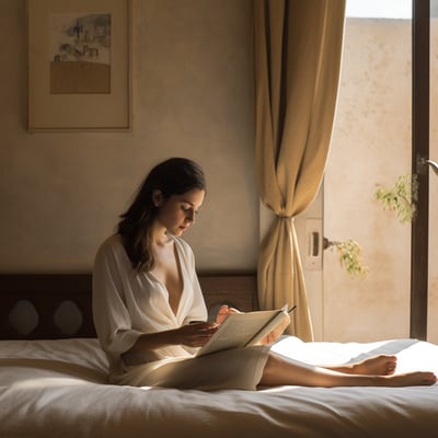 a woman sitting on a bed with a book