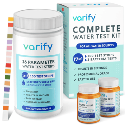 Varify 17-in-1 drinking water test kit for chlorine, lead, bacteria, and fluoride