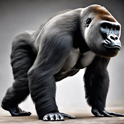 A gorilla is holding a green object in its hand with a contemplative expression. The gorilla's fur is dark, and the background is blurred greenery, suggesting a natural habitat.