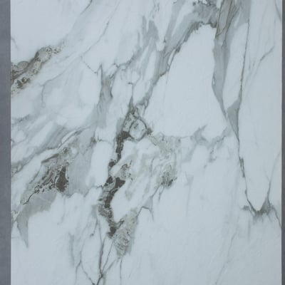 Calacatta sinoflexistone featuring a pristine white base with dramatic, flowing grey veining