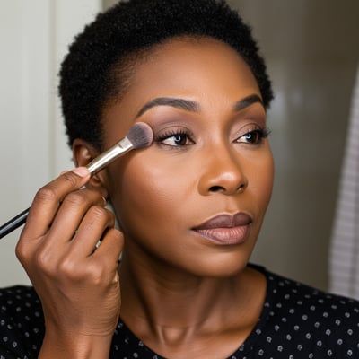 Woman looking in the mirror applying eyeshadow